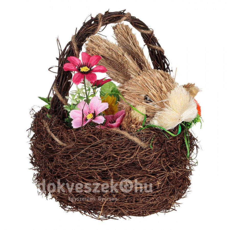 Természetes rost nyuszi kosárban - Húsvéti dekoráció 22 cm
