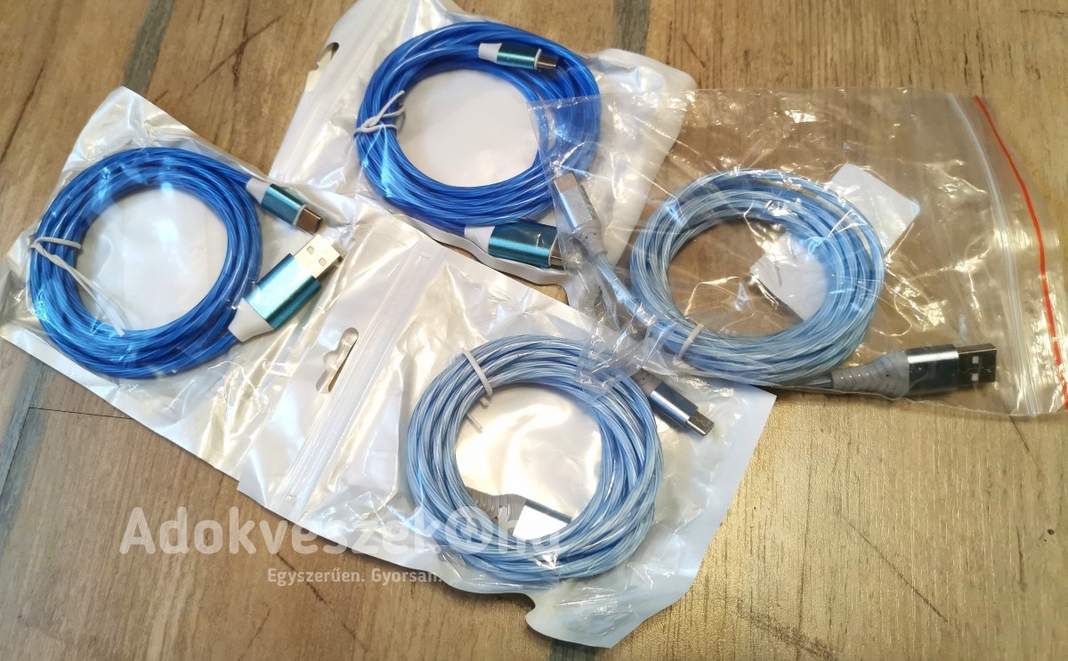 Új,USB Type-C kék Ledes töltőkábel színes fényeffektussal (2 méter, 5A)