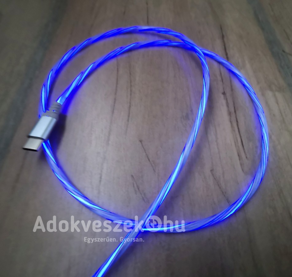 Új,USB Type-C kék Ledes töltőkábel színes fényeffektussal (2 méter, 5A)
