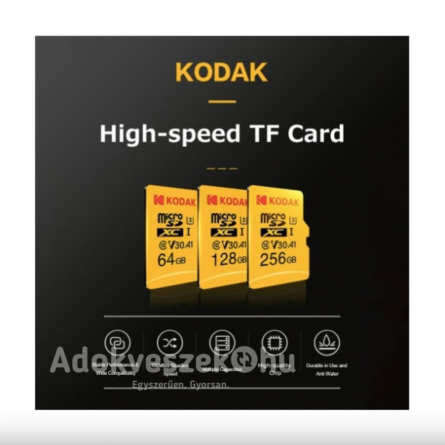 Új, Kodak Micro U3 A1 V30 memóriakártya 100 MB/s olvasási sebesség 256 GB fél áron!