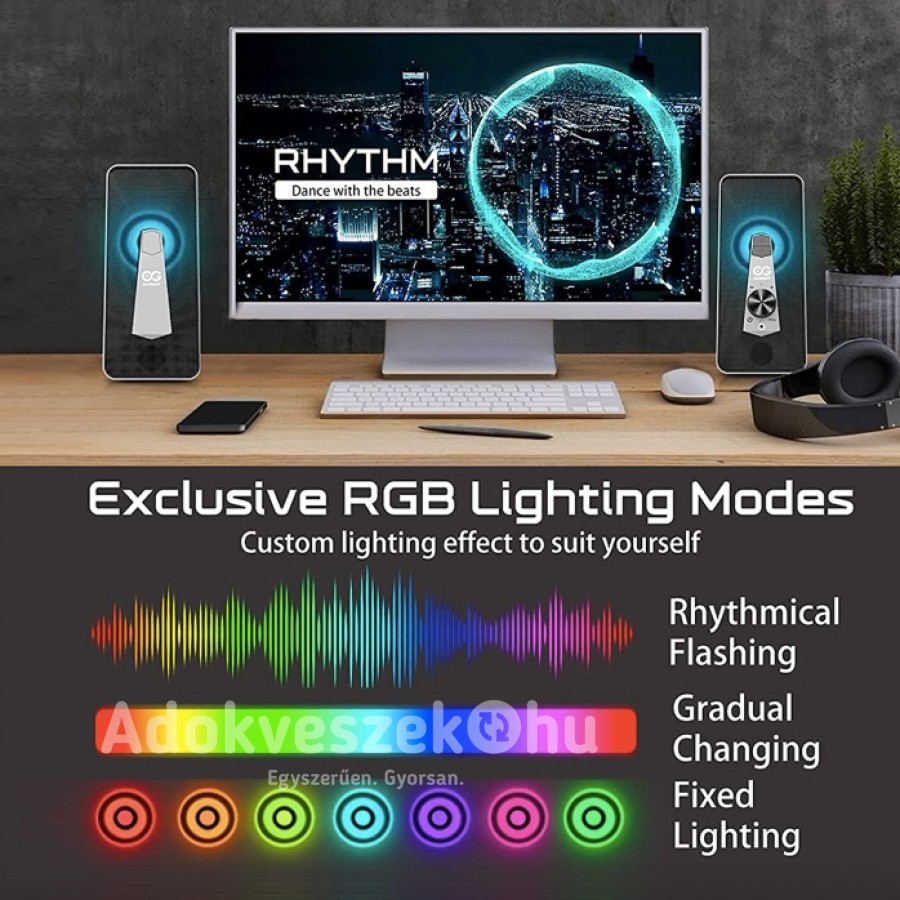 Új, ELEGIANT® 2.0 PC hangszórók 10 W-os sztereó hanggal, RGB fényekkel(SR300 PLUS)-45%