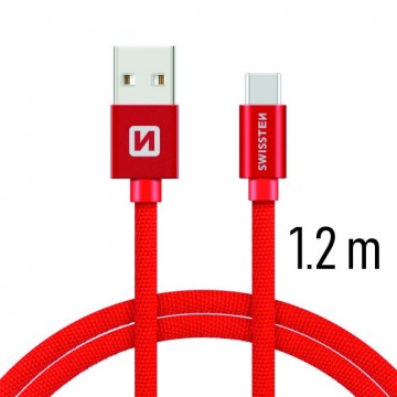 Adatkábel Swissten textil USB-C konnektorral gyorstöltéssel, Red