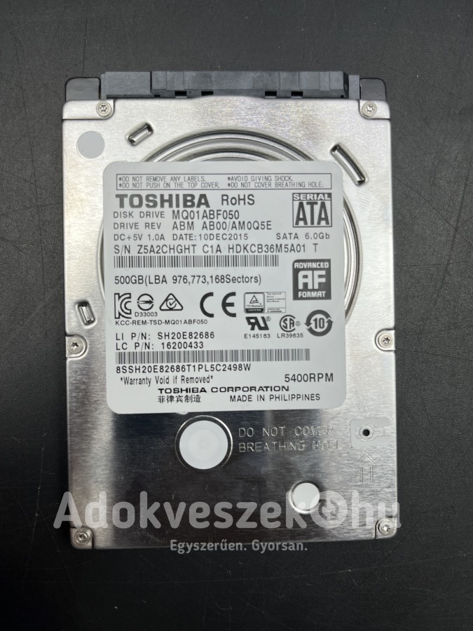 Toshiba 500GB 2,5” SATA HDD laptop merevlemez 100/100 vékony kivitel slim