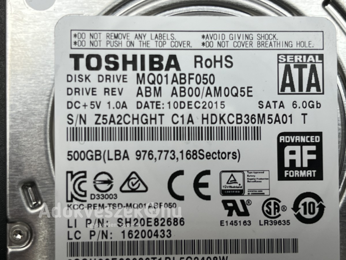 Toshiba 500GB 2,5” SATA HDD laptop merevlemez 100/100 vékony kivitel slim