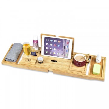 Bambusz fürdőtálca fürdőkádhoz borospohár tartóval és laptop...