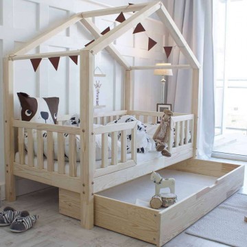 Házikó ágy - Housebed Duo Plus gyerekágy ágyneműtartóval natúr...