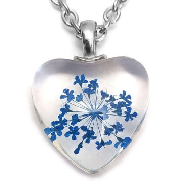 Kék virág szív üvegmedál, választható arany vagy ezüst színű...